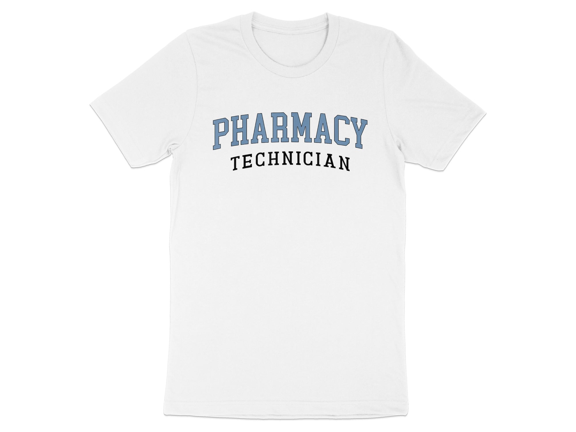 White t-shirt with "Pharmacy Technician" printed in blue collegiate lettering.