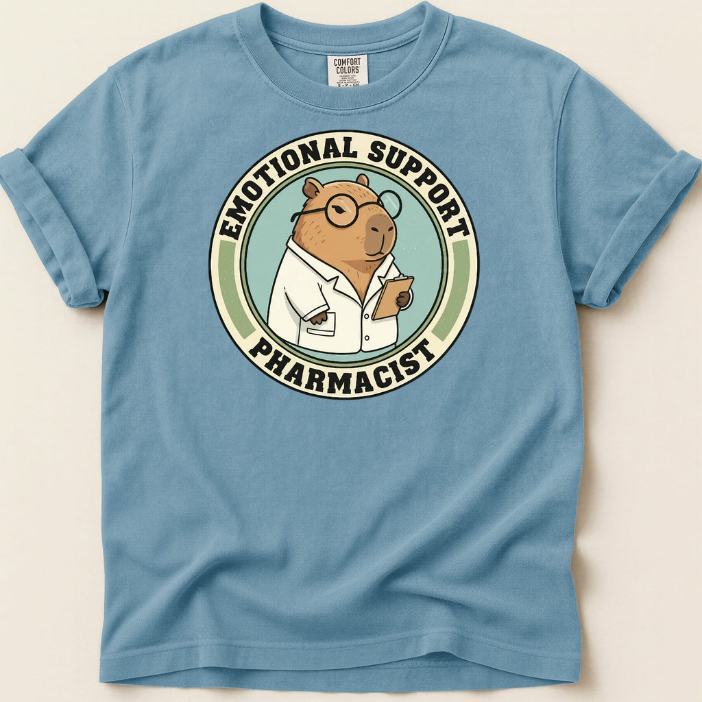 Capybara wearing glasses and lab coat, "Emotional Support Pharmacist" text.