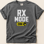 Comfort Colors t-shirt with "RX MODE ON" graphic featuring a pill icon.