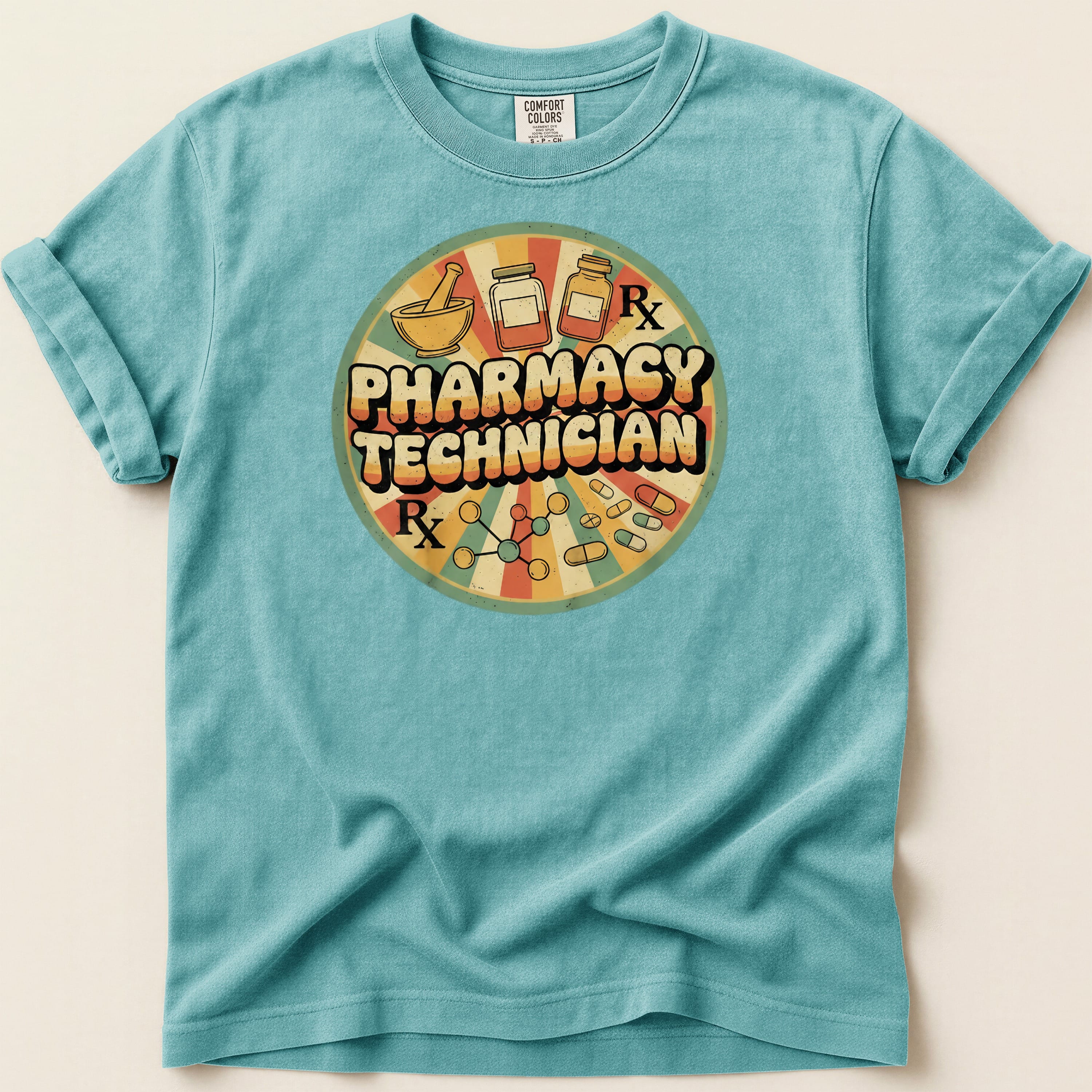 Retro Pharmacy Technician graphic with pills and jars on a teal t-shirt.
