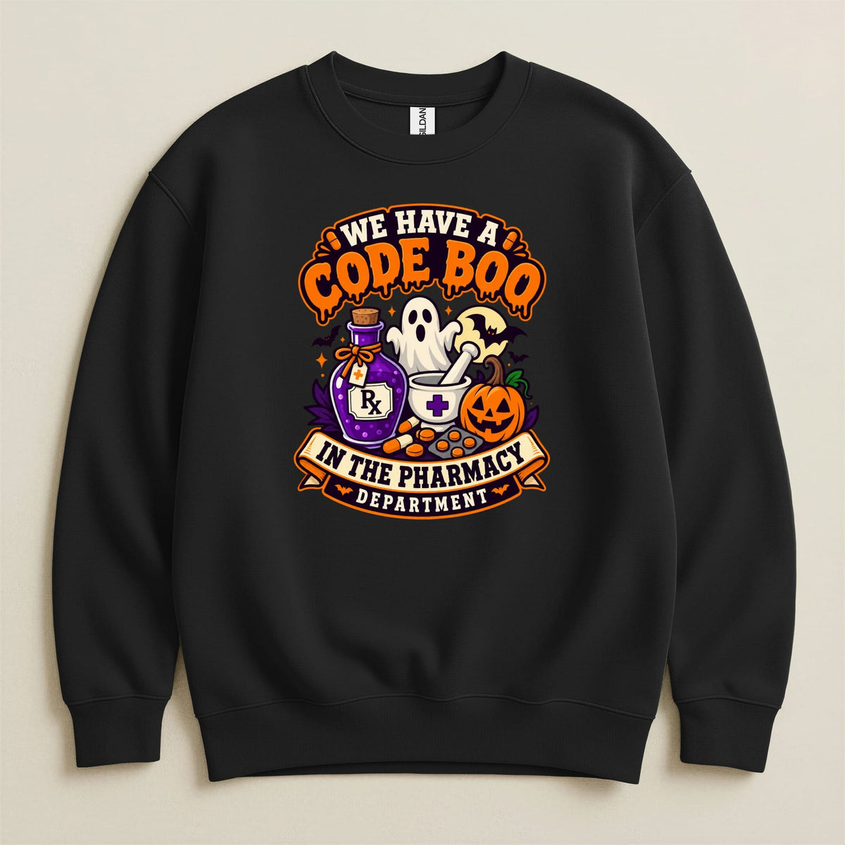 Black sweatshirt with Halloween pharmacy humor graphic.