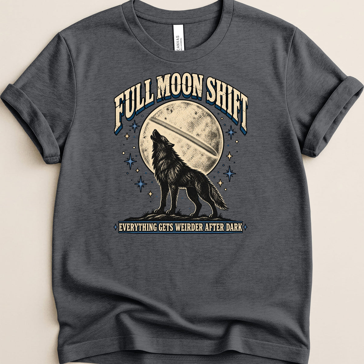 Dark grey t-shirt with a wolf howling at a full moon and text.