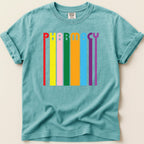 Teal t-shirt with colorful vertical stripes spelling "Pharmacy".