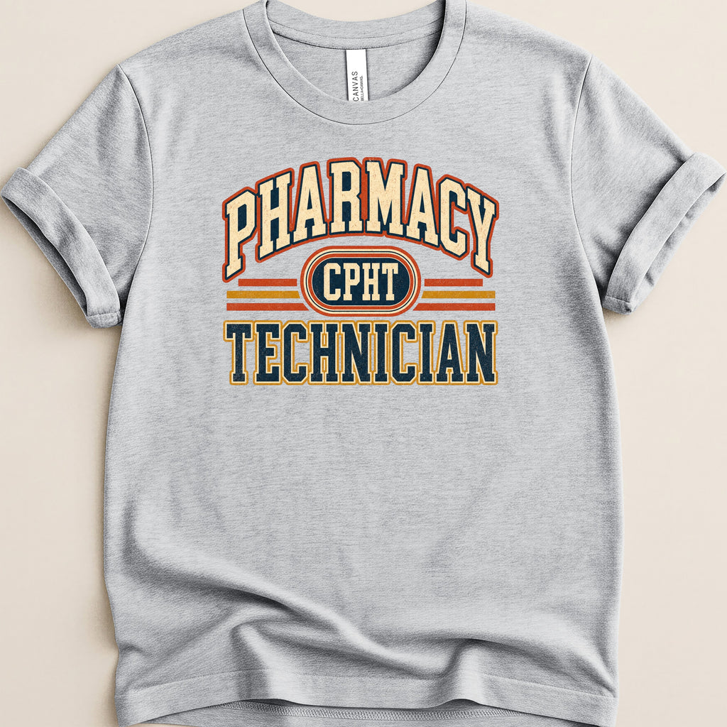 Grey t-shirt with "Pharmacy Technician" and "CPHT" text in vintage collegiate style.