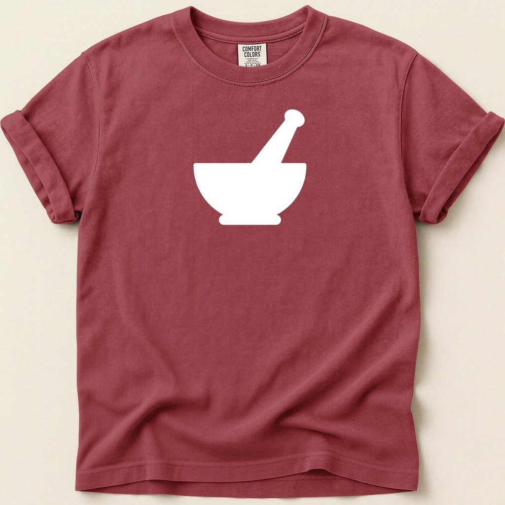 Maroon t-shirt with a white mortar and pestle graphic and Comfort Colors tag.