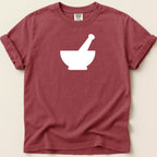 Maroon t-shirt with a white mortar and pestle graphic and Comfort Colors tag.