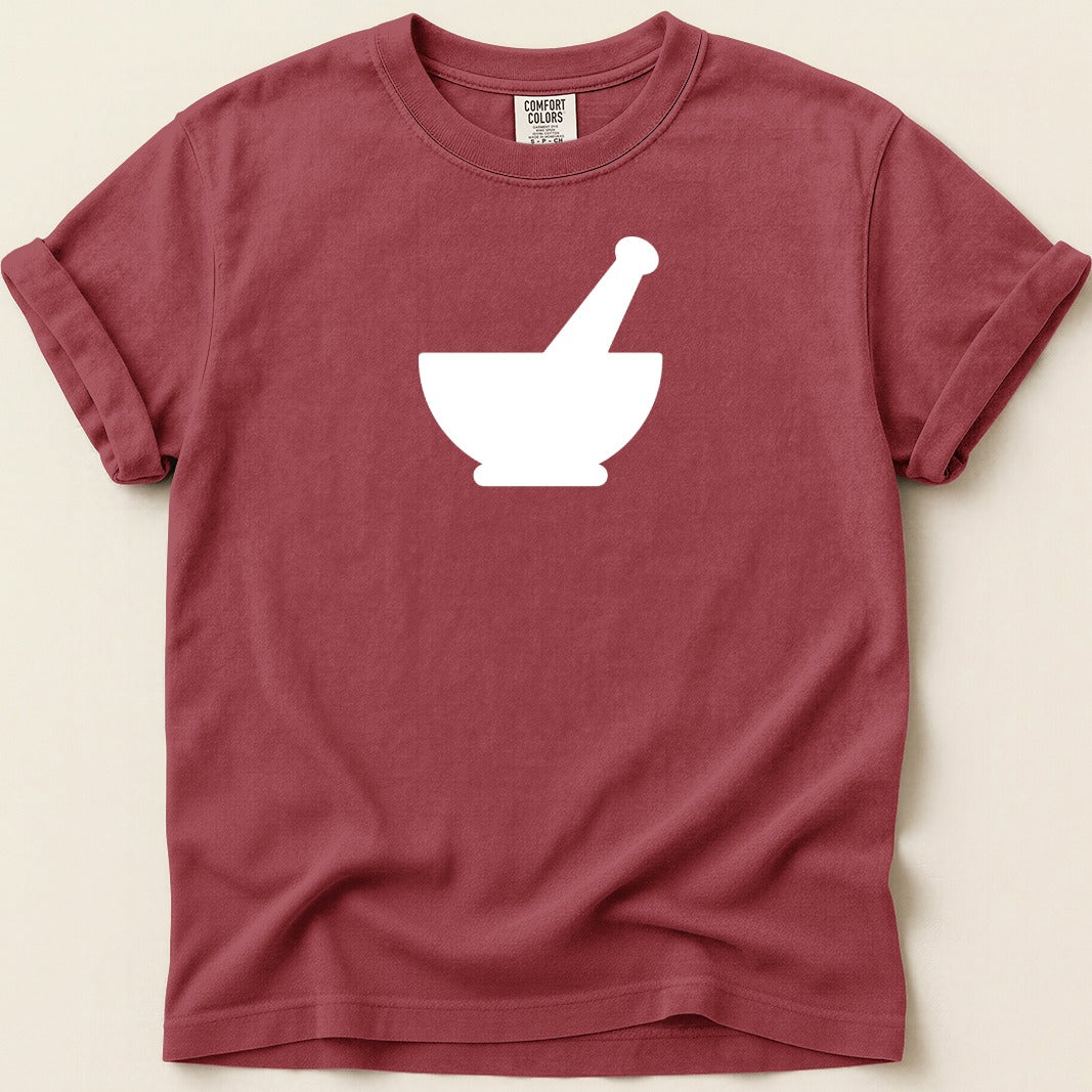 Maroon t-shirt with a white mortar and pestle graphic and Comfort Colors tag.