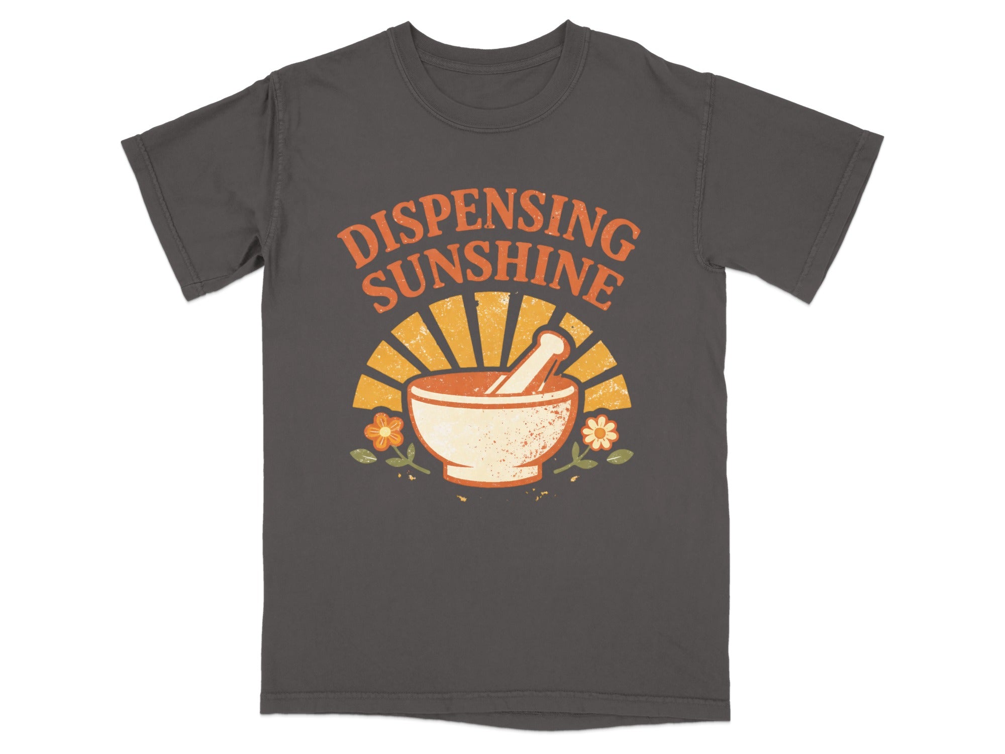 Mortar and pestle with "Dispensing Sunshine" text and floral accents.