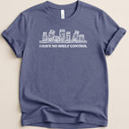 Blue t-shirt with white line drawing of pill bottles and text "I HAVE NO SHELF CONTROL".