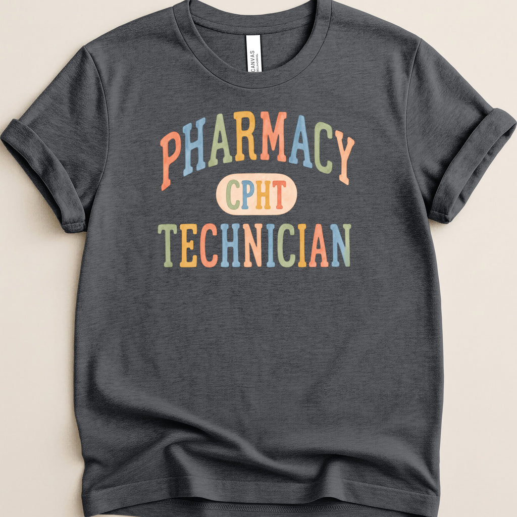 Dark t-shirt with "PHARMACY TECHNICIAN" and "CPHT" in colorful text.