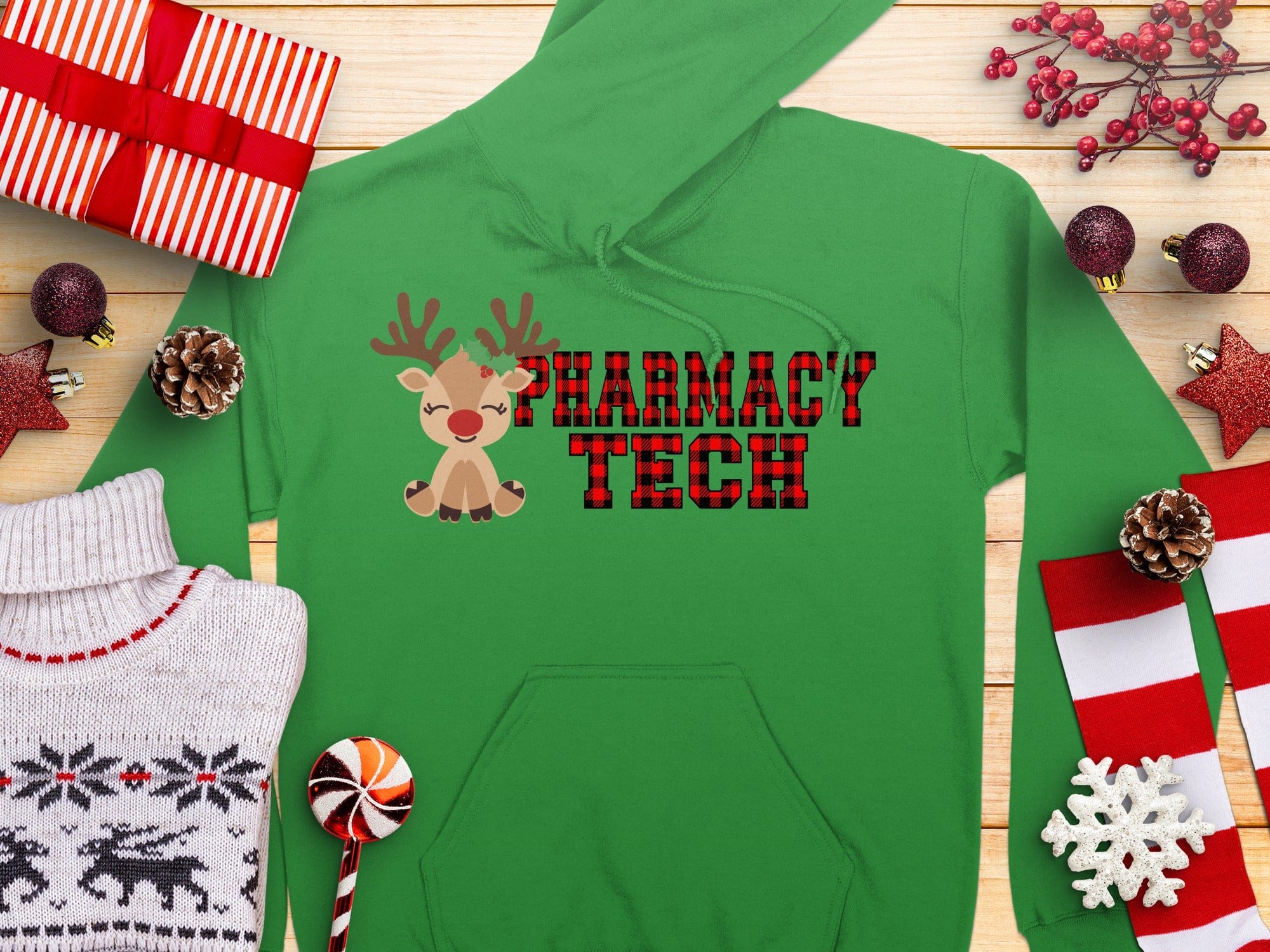 Festive Green Pharmacy Tech Reindeer Hoodie