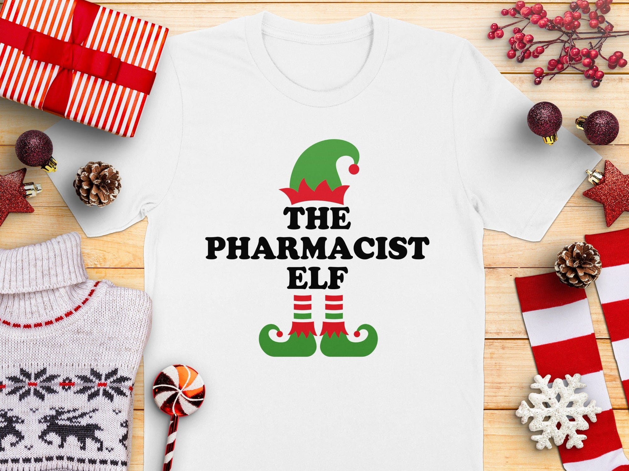 The Pharmacist Elf Festive Holiday T-shirt for Christmas