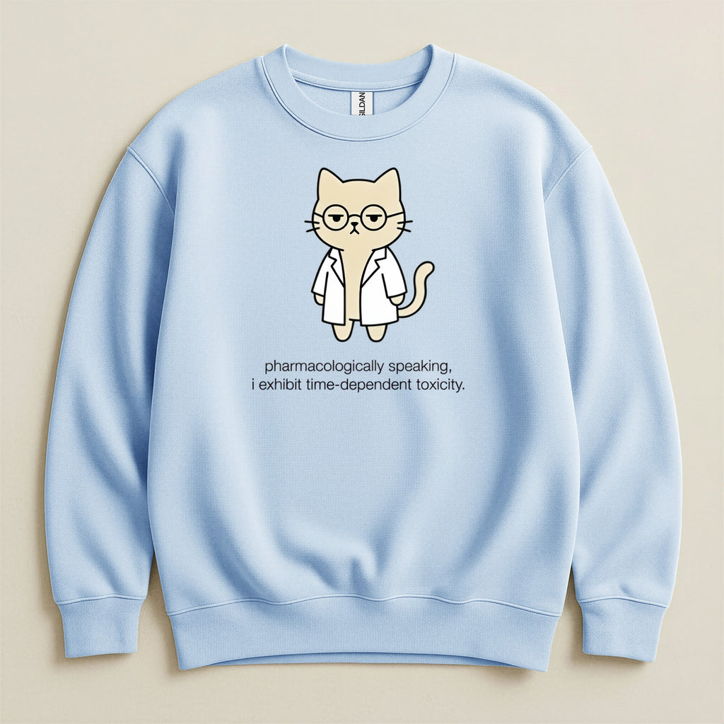Light blue sweatshirt with a cartoon cat wearing a lab coat and glasses.