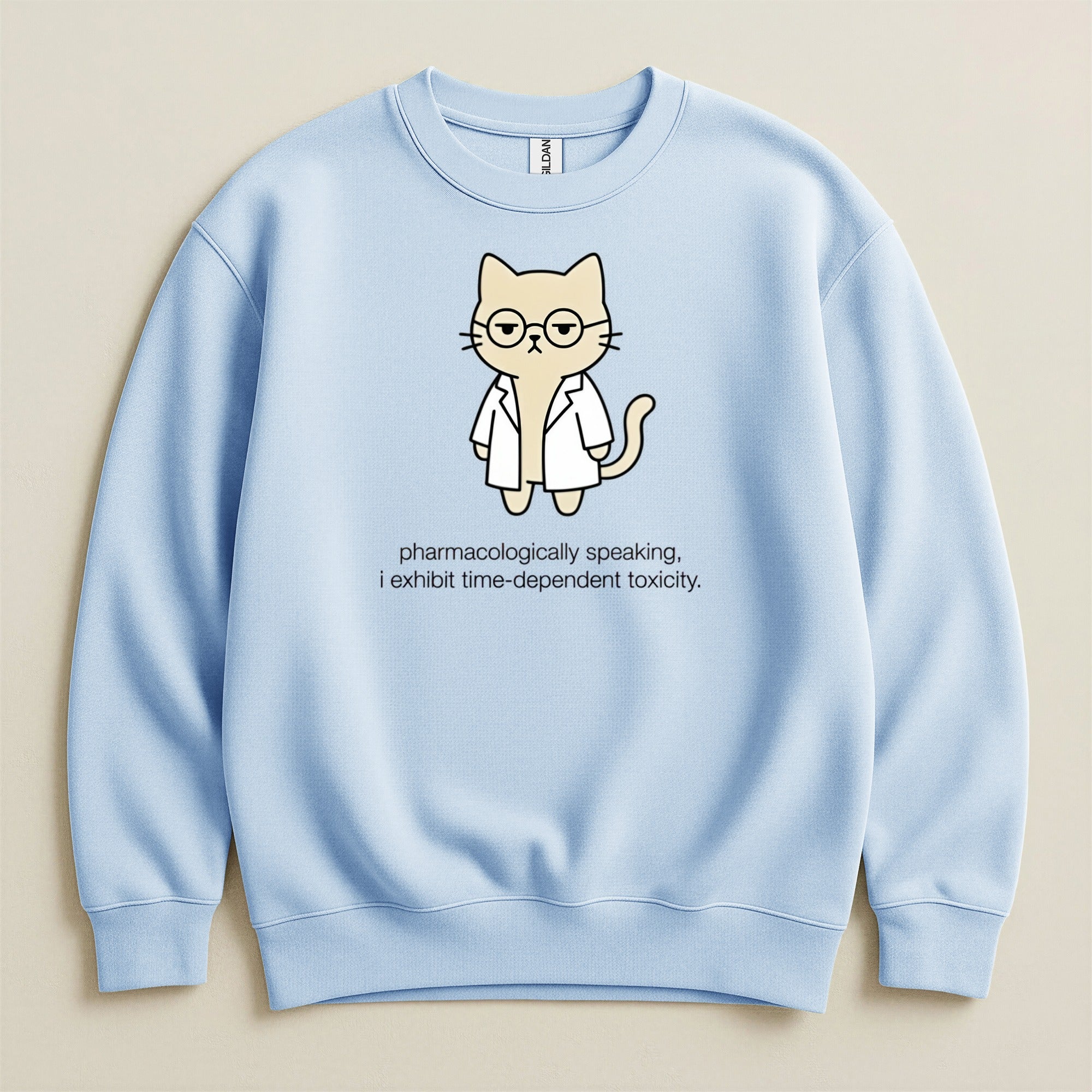 Light blue sweatshirt with a cartoon cat wearing a lab coat and glasses.