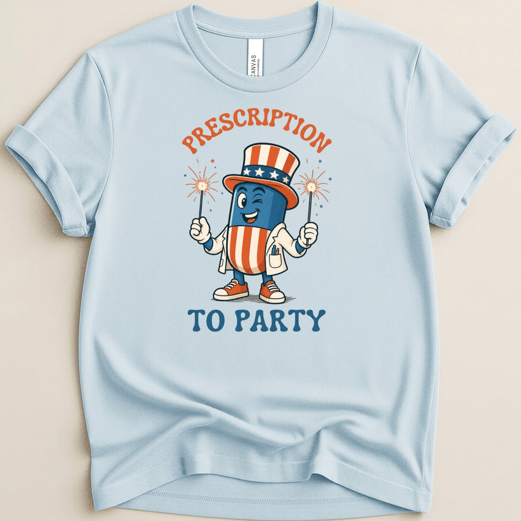T-shirt with cartoon Uncle Sam character holding sparklers.