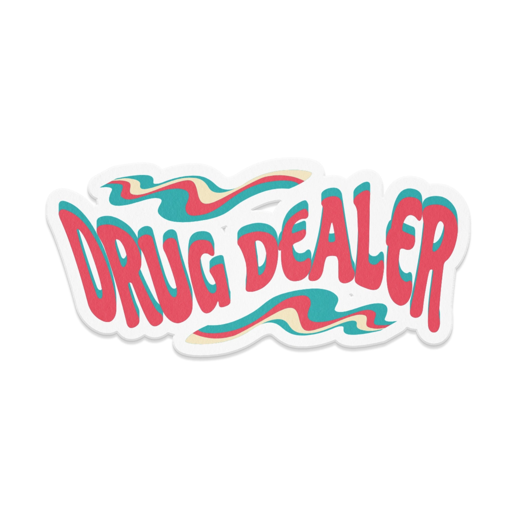 Red and blue wavy text spelling "DRUG DEALER" on a white background.