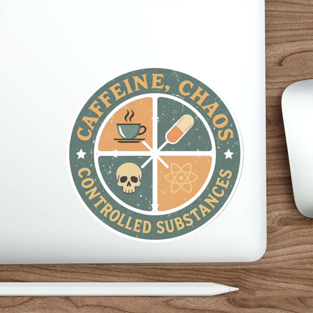 Circle sticker with "Caffeine, Chaos, Controlled Substances" and icons for coffee, skull, pill, and atom.