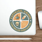 Circle sticker with "Caffeine, Chaos, Controlled Substances" and icons for coffee, skull, pill, and atom.
