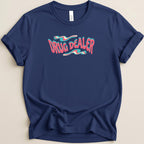 Navy t-shirt with "DRUG DEALER" in colorful, wavy text.
