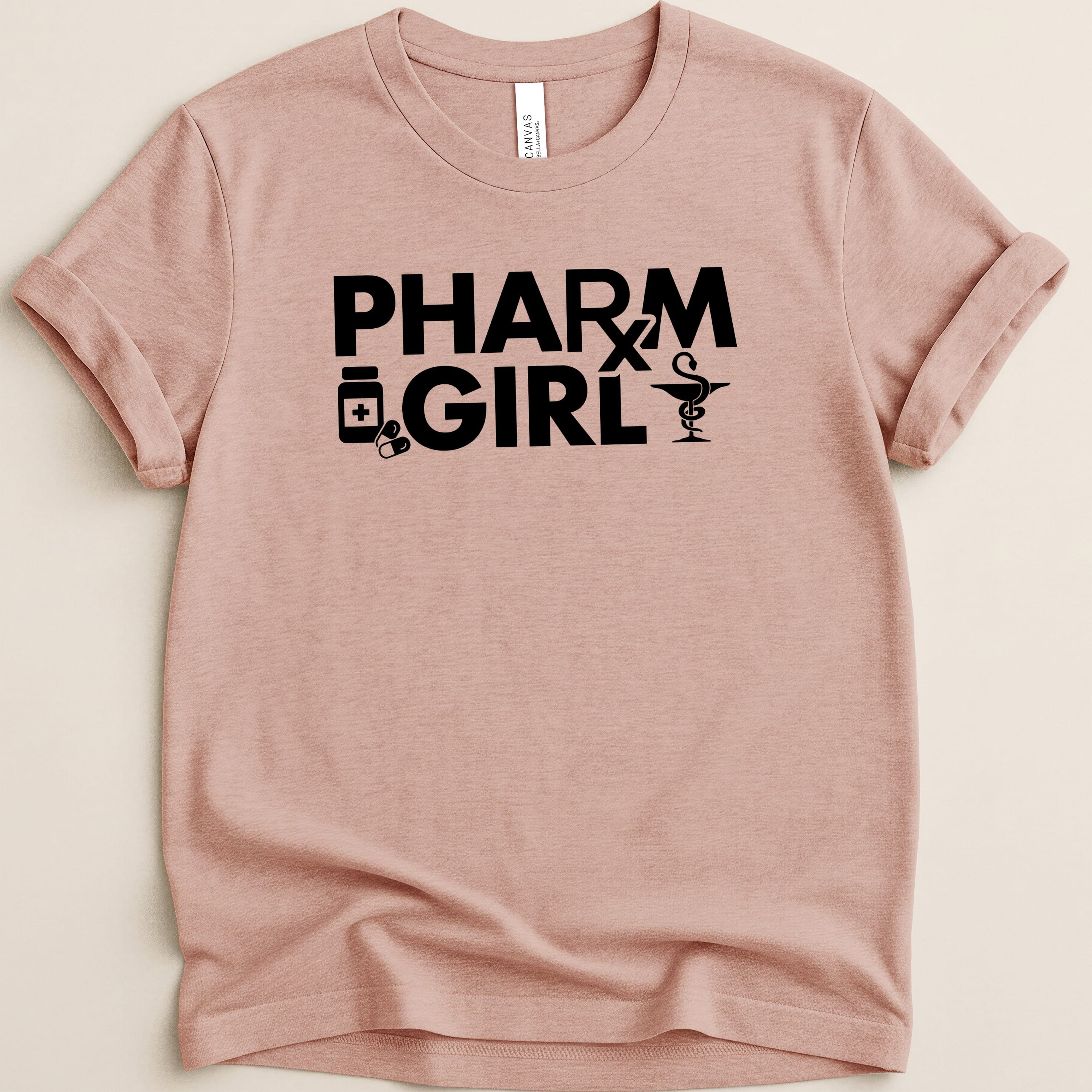 Pink t-shirt with "PHARM GIRLS" text and medical symbols.