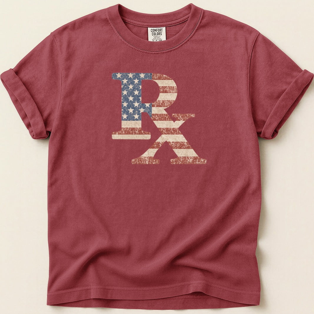 Red t-shirt with distressed American flag "RX" logo.