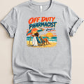 Heather gray t-shirt featuring a retro beach illustration and text that reads Off Duty Pharmacist Google it.
