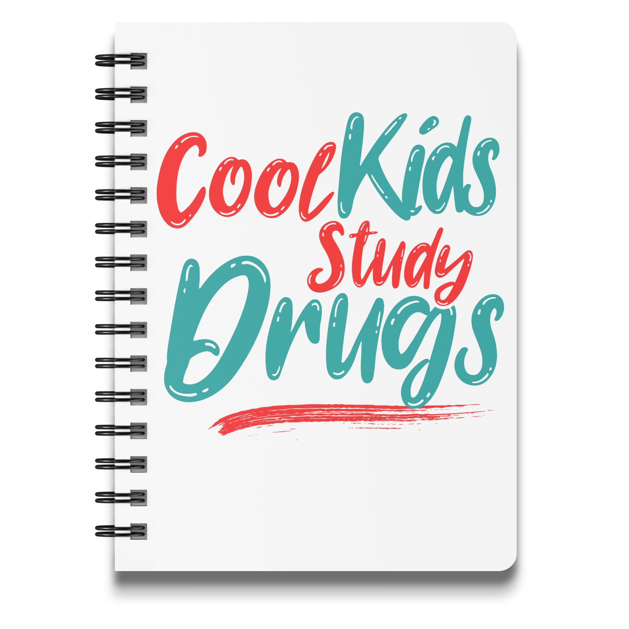 Spiral notebook with "Cool Kids Study Drugs" text.