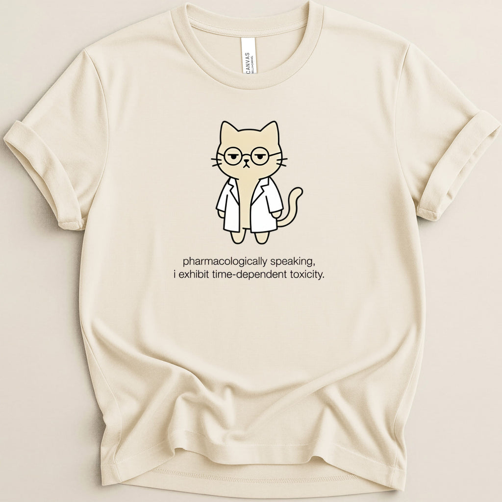 T-shirt with cartoon cat wearing glasses and lab coat, with text.