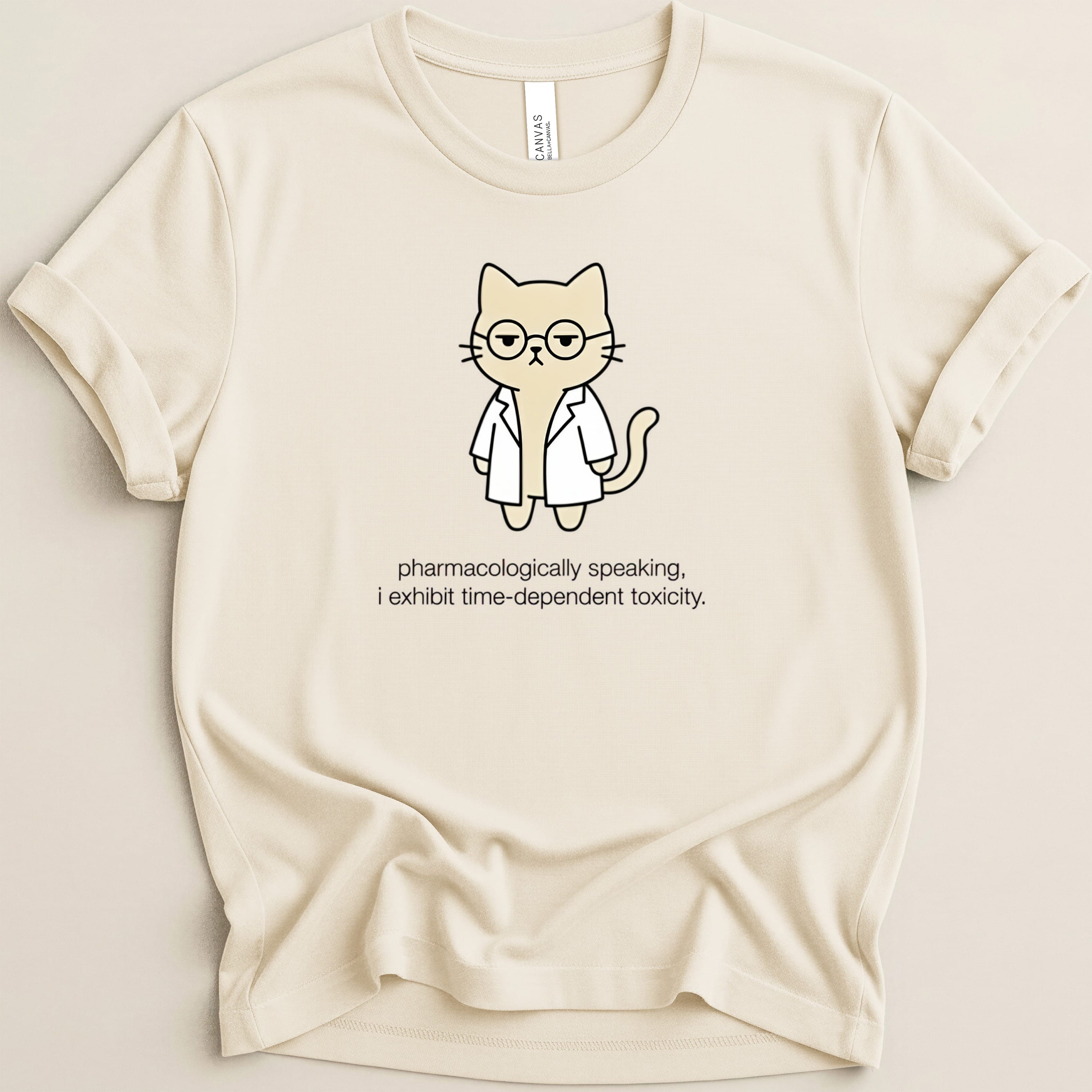 T-shirt with cartoon cat wearing glasses and lab coat, with text.