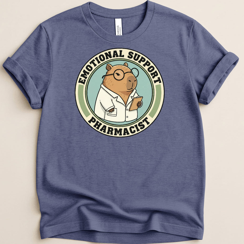 Capybara wearing lab coat and glasses, "Emotional Support Pharmacist" text on shirt.