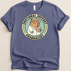 Capybara wearing lab coat and glasses, "Emotional Support Pharmacist" text on shirt.