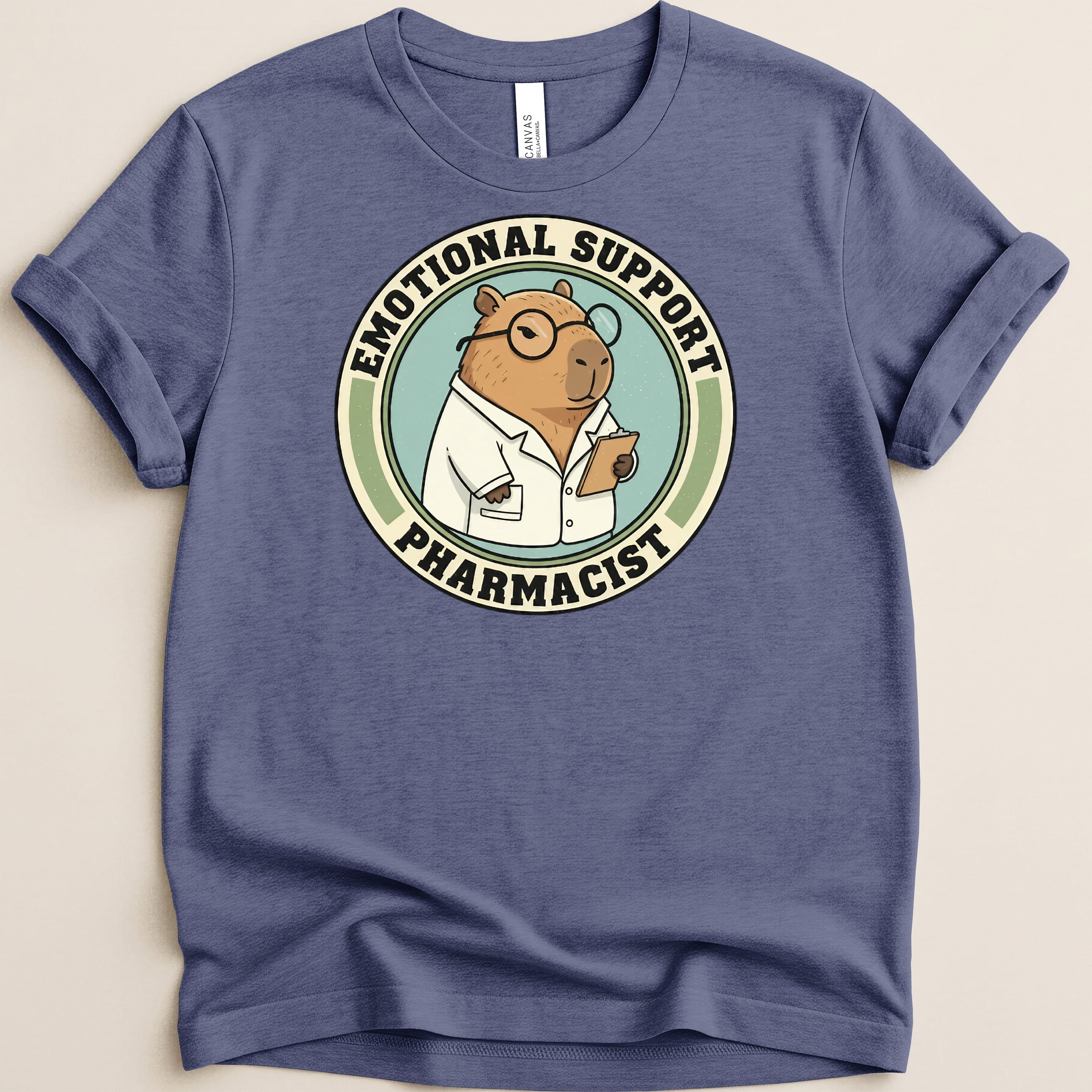 Capybara wearing lab coat and glasses, "Emotional Support Pharmacist" text on shirt.