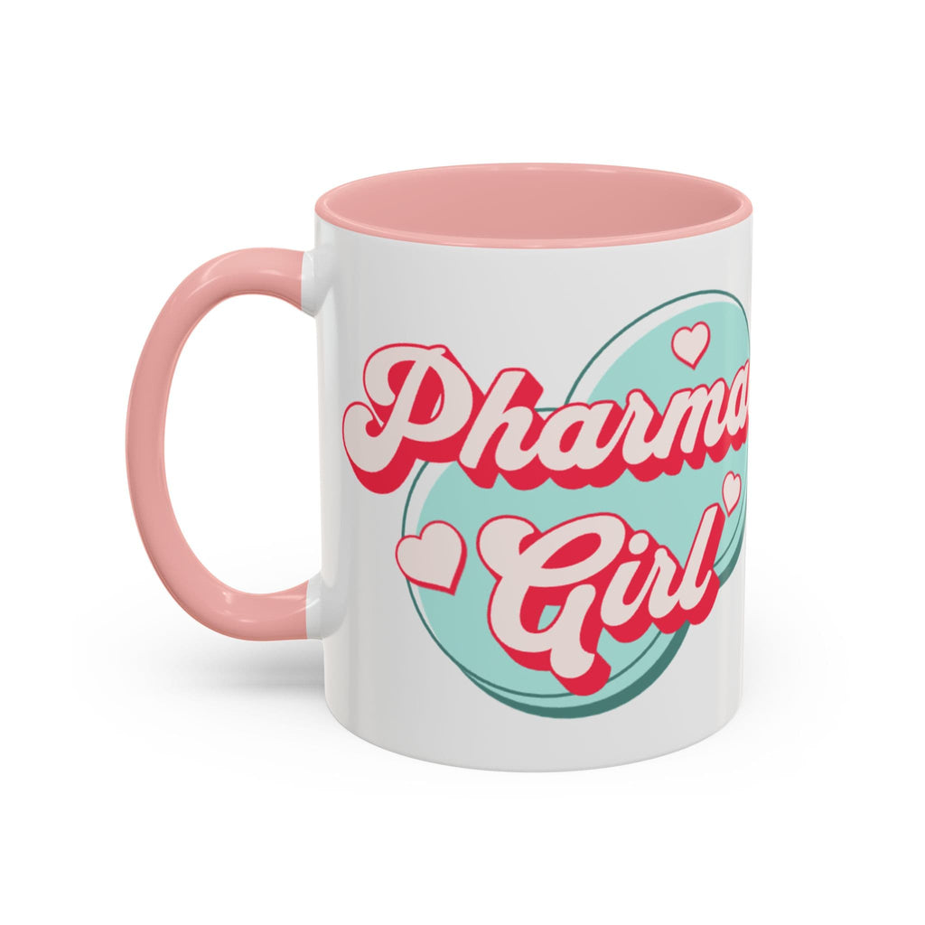 White mug with pink handle and rim, featuring "Pharmgirl" text and hearts.