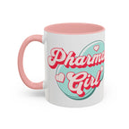 White mug with pink handle and rim, featuring "Pharmgirl" text and hearts.