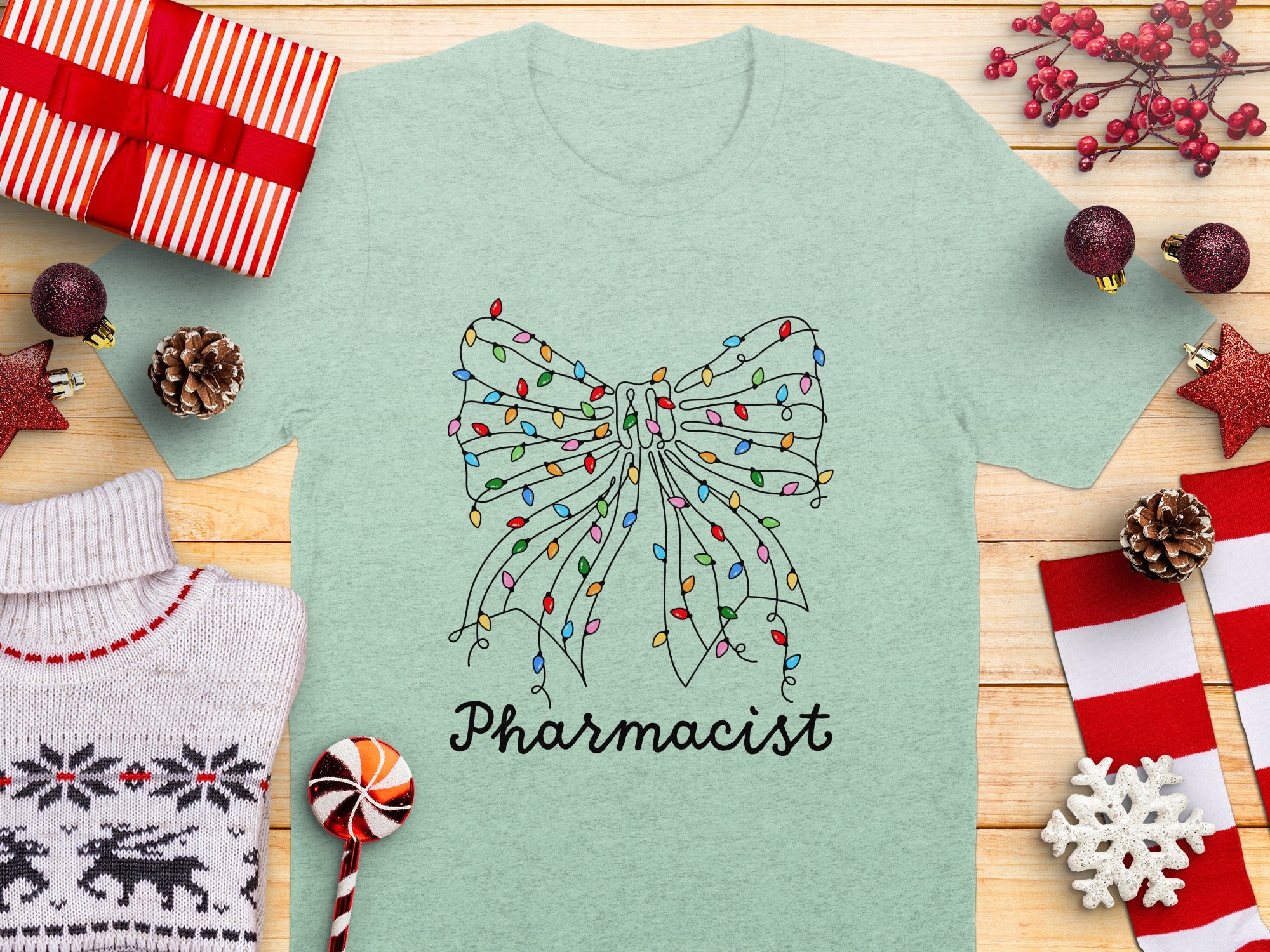 Pharmacist Christmas Lights Bow Graphic Tee