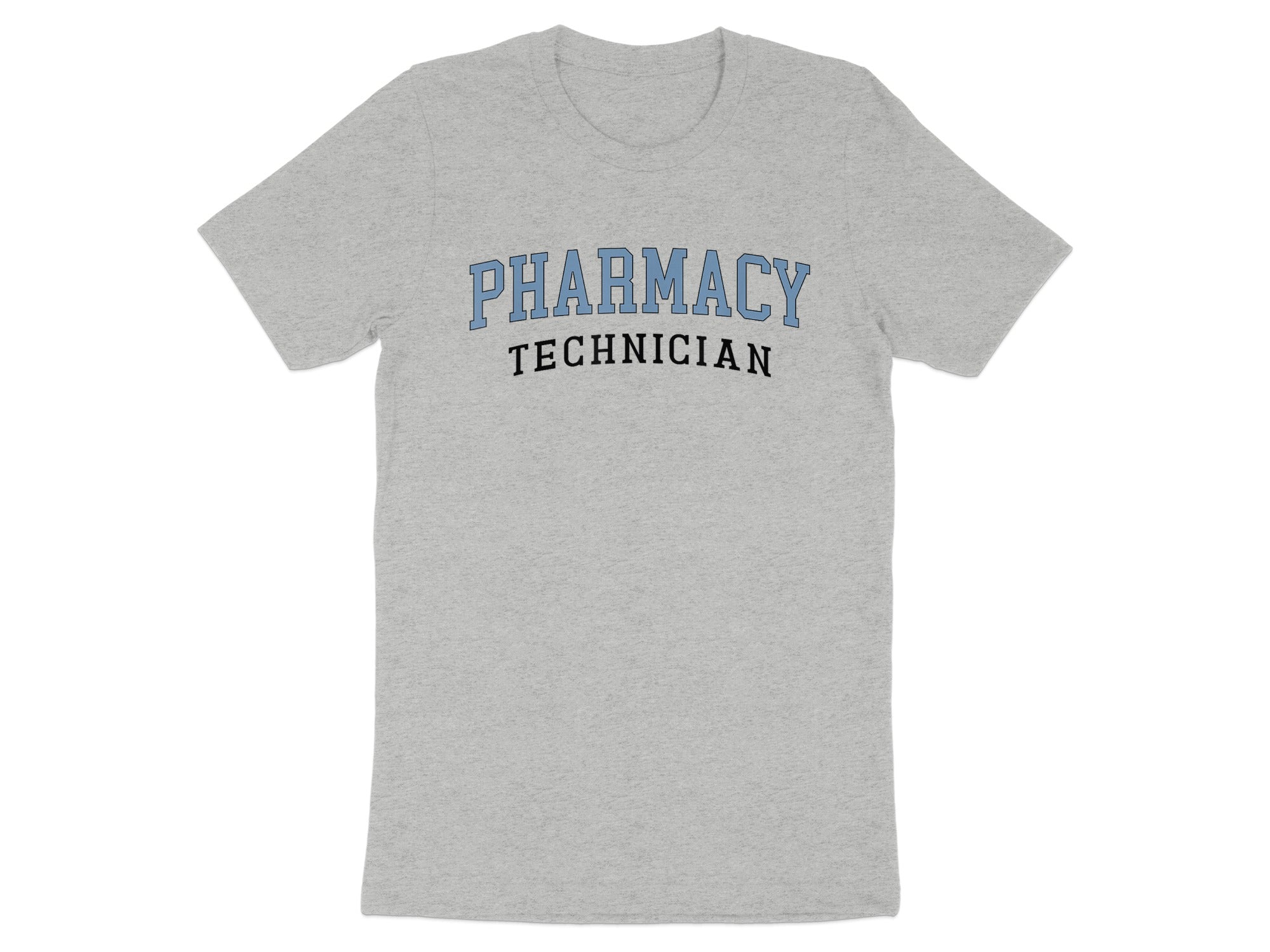 Grey t-shirt with "Pharmacy Technician" in arched blue lettering.