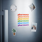 Rainbow text spelling "pharmacy" repeated, with two small photos and a plant sticker.