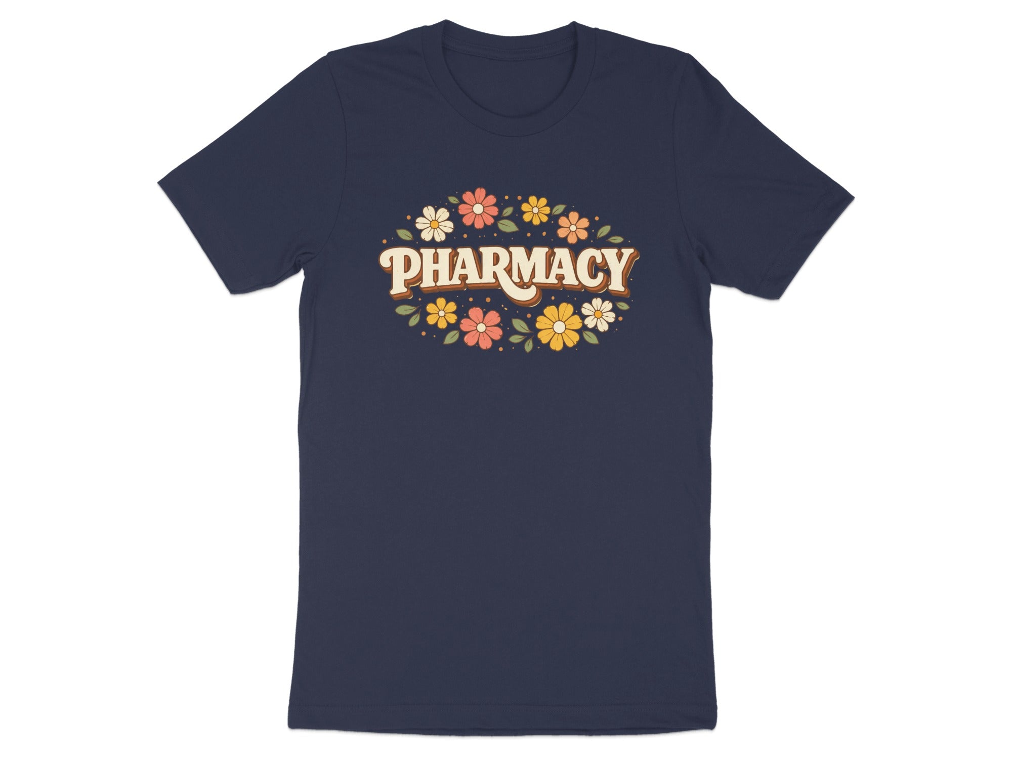Navy t-shirt with "Pharmacy" in floral retro text.