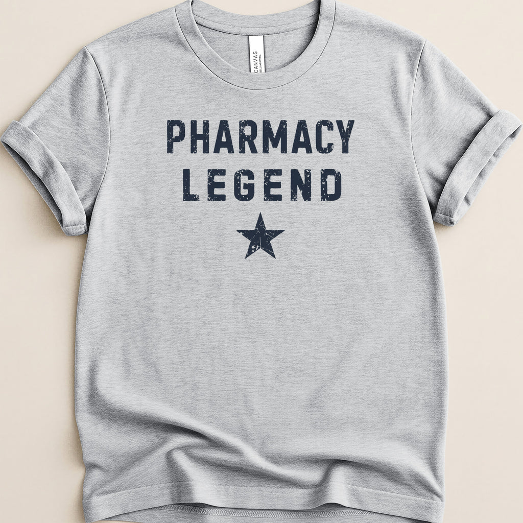 Grey t-shirt with "Pharmacy Legend" and a star.
