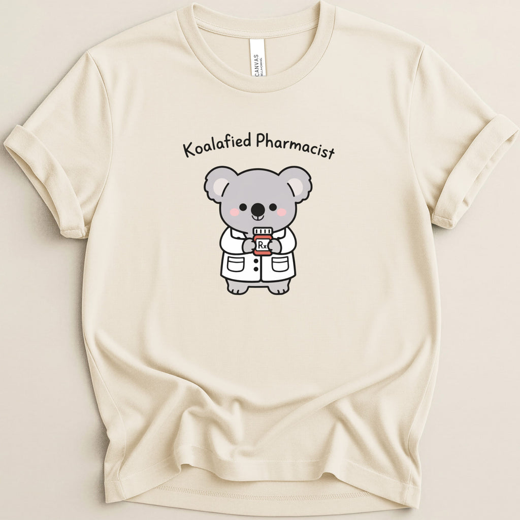 Cartoon koala in pharmacist coat holding a prescription bottle.