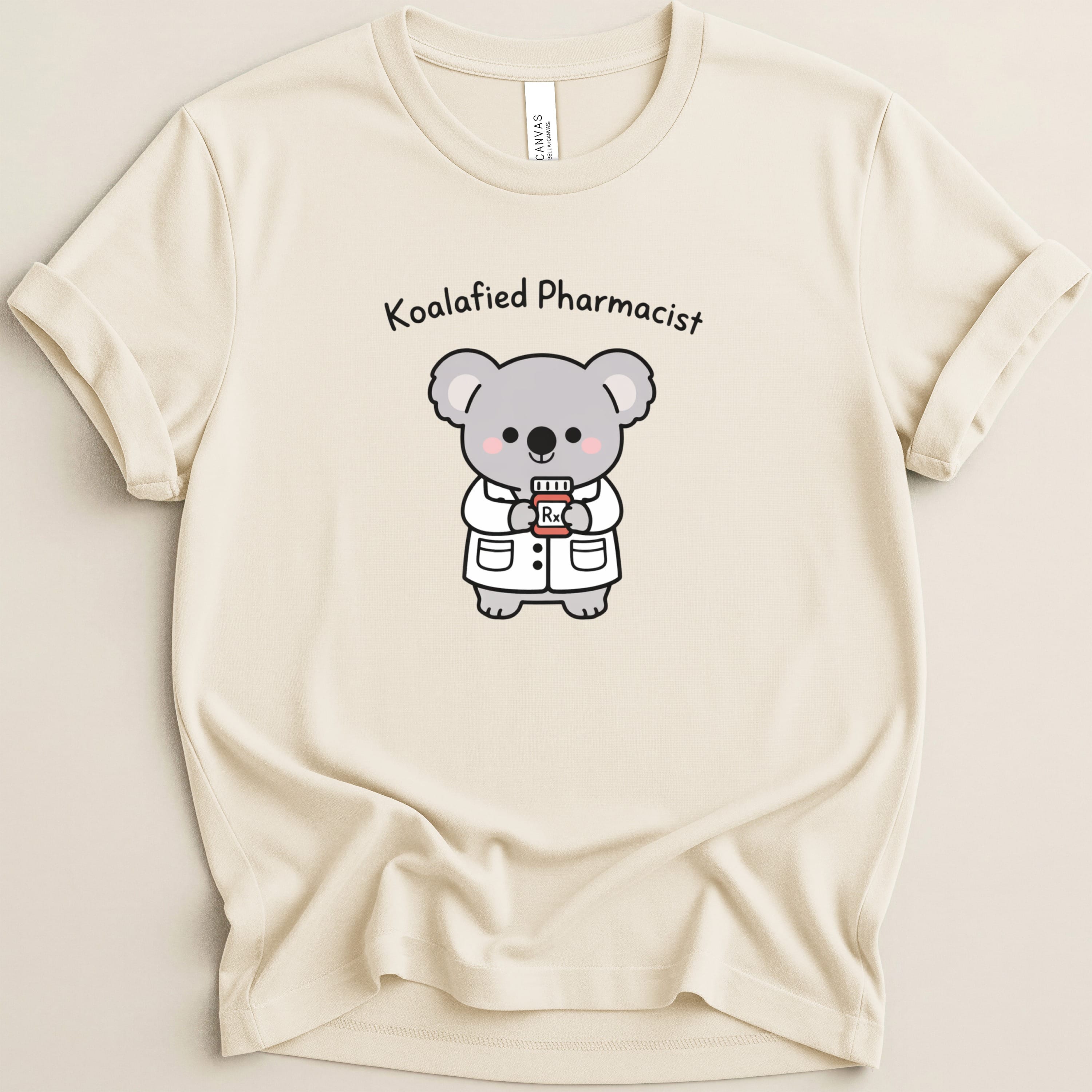 Cartoon koala in pharmacist coat holding a prescription bottle.