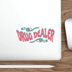 "Drug Dealer" text in wavy, retro-style lettering on a laptop.