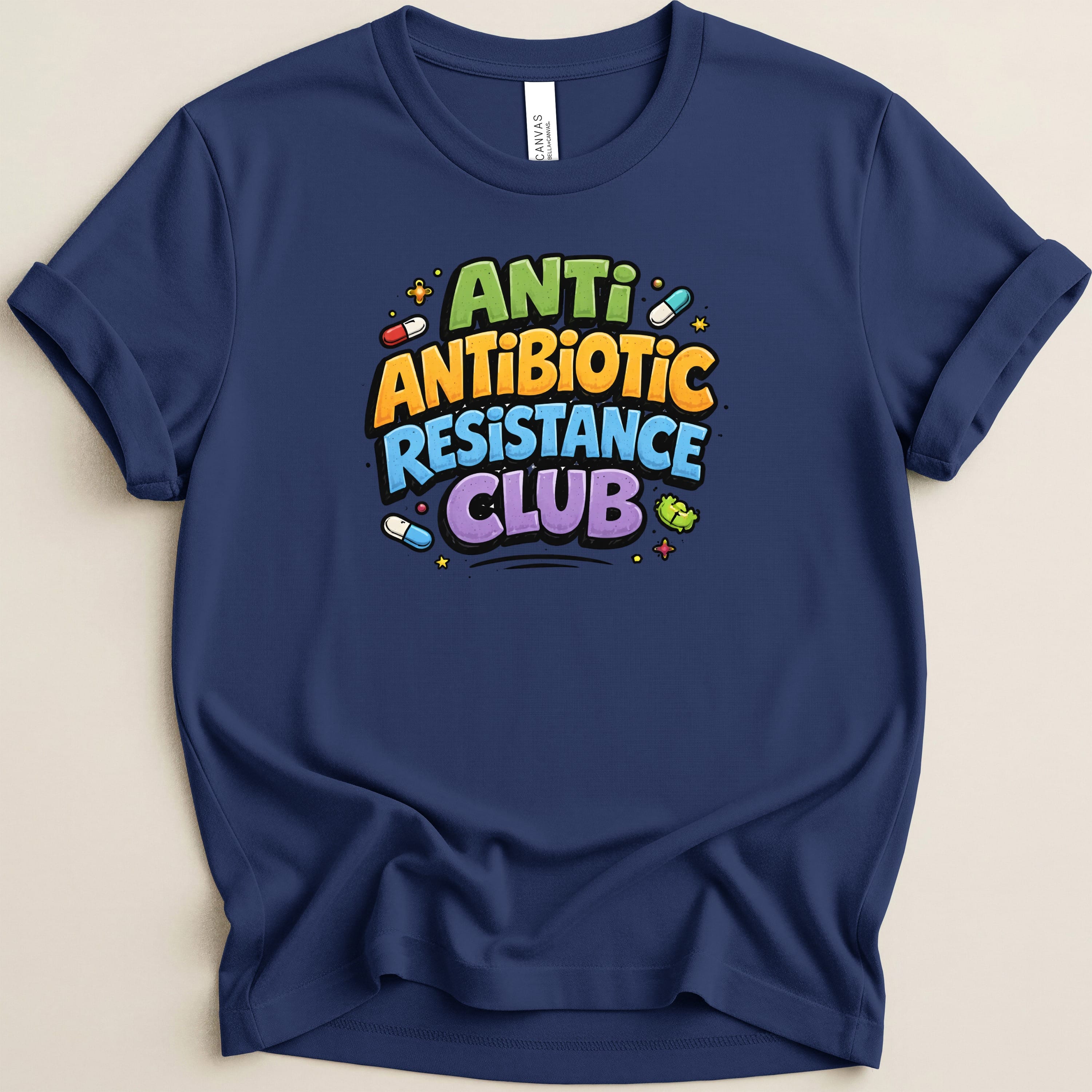 Navy t-shirt with "Anti-Antibiotic Resistance Club" text and cartoon pills.