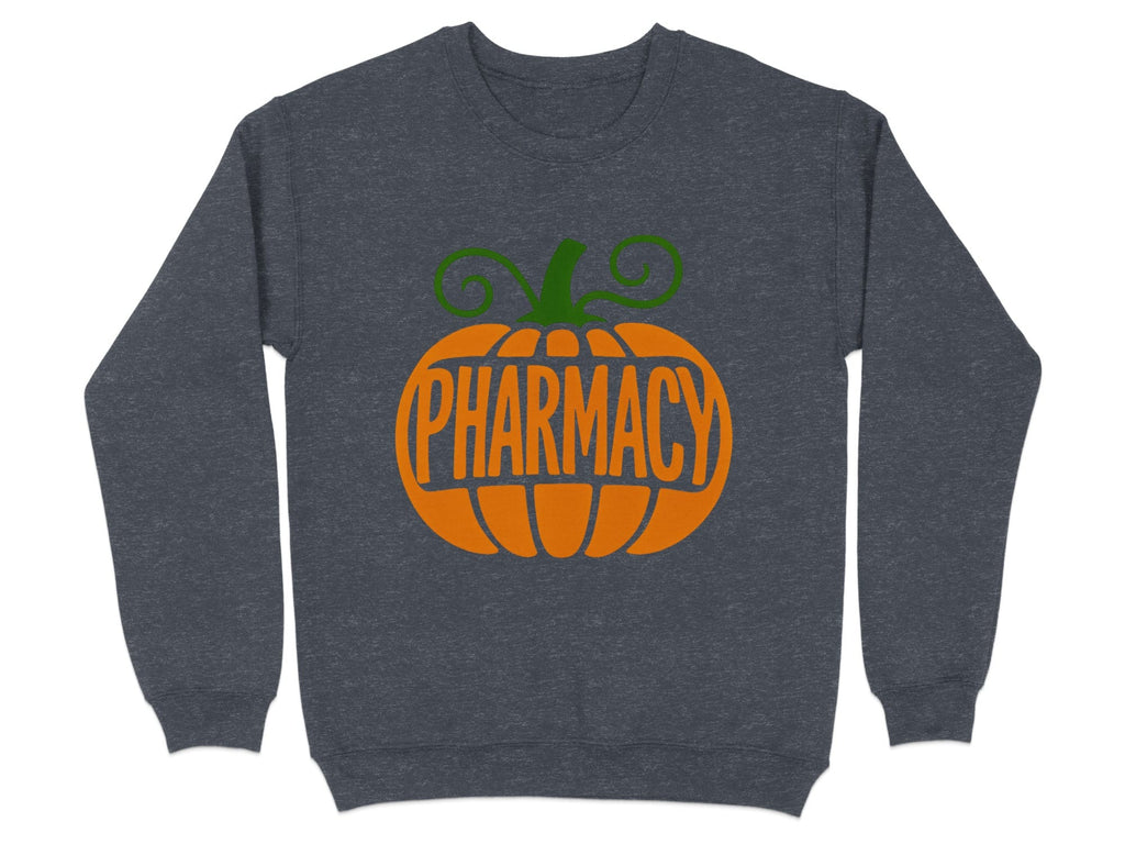 Dark gray sweatshirt with a pumpkin graphic that says "PHARMACY".