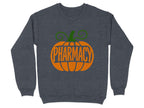 Dark gray sweatshirt with a pumpkin graphic that says "PHARMACY".