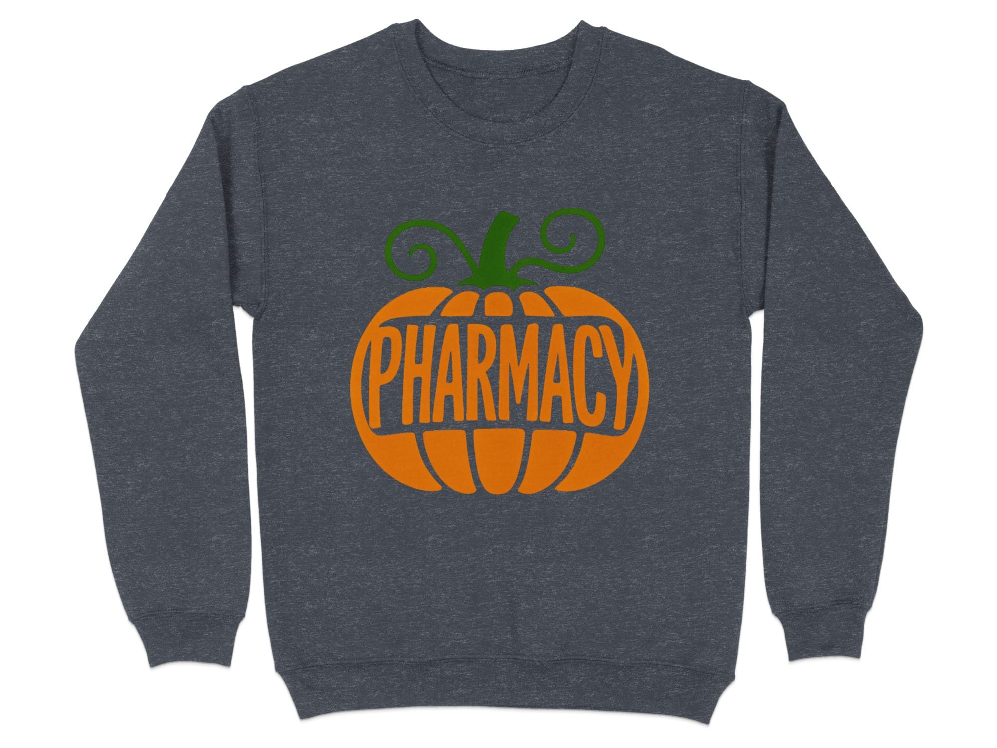 Dark gray sweatshirt with a pumpkin graphic that says "PHARMACY".