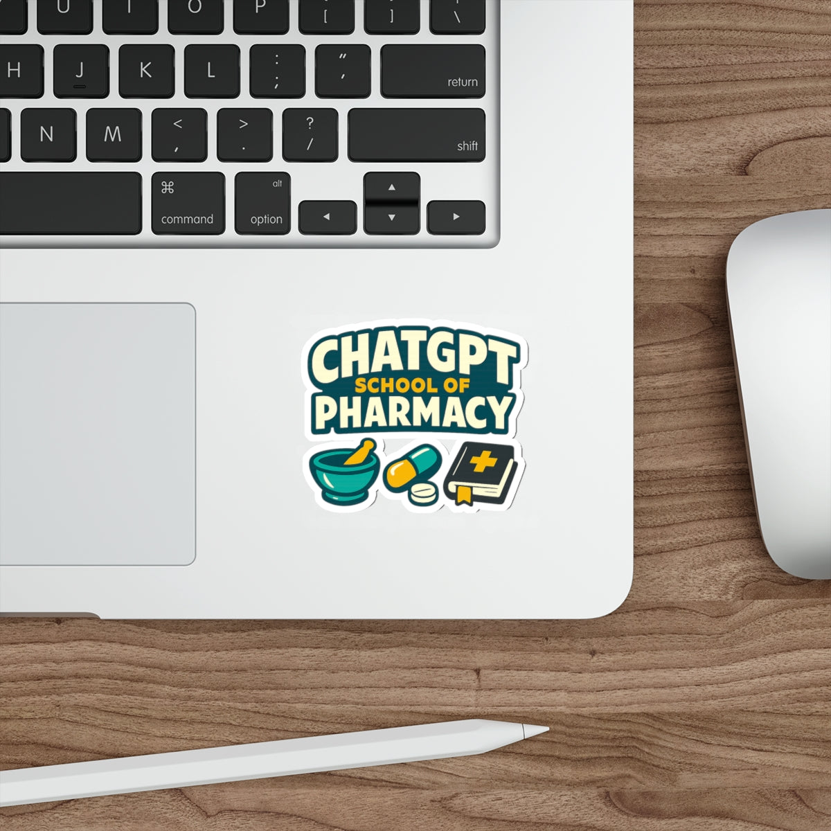 ChatGPT School of Pharmacy sticker with mortar, pestle, and book.
