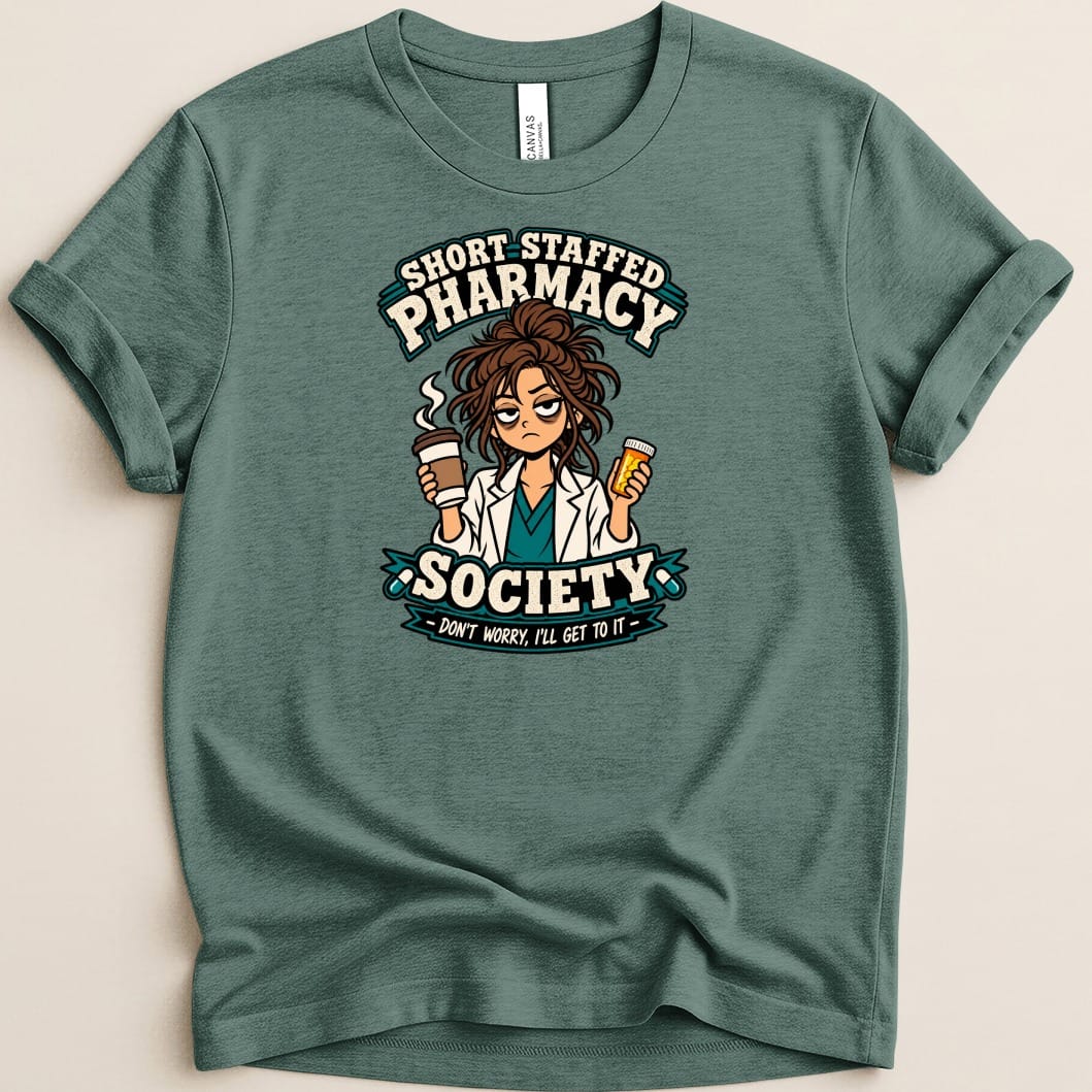 T-shirt graphic with text "Short Staffed Pharmacy Society" and a tired pharmacist with coffee.
