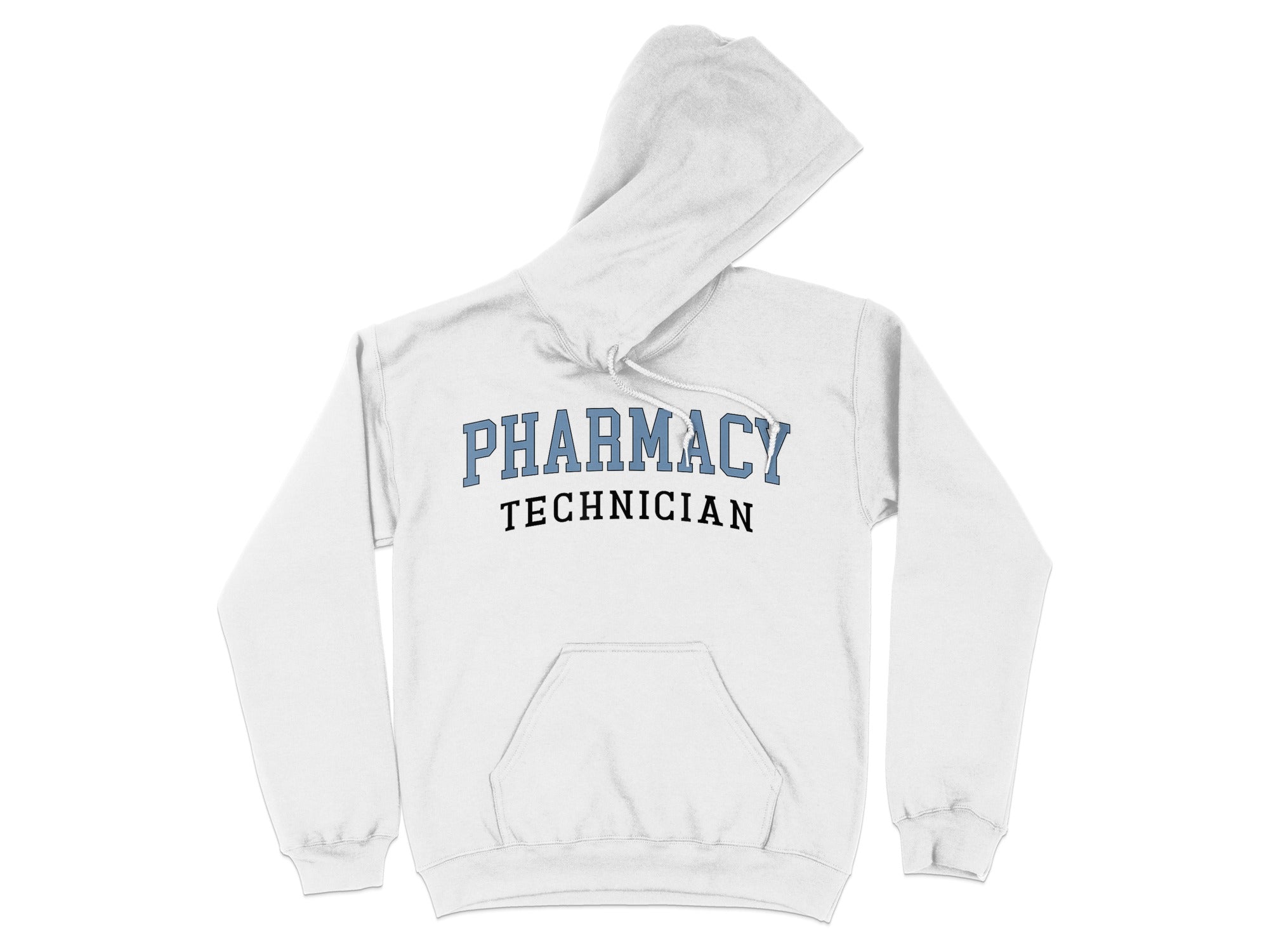 White hoodie with "PHARMACY TECHNICIAN" text across the chest.