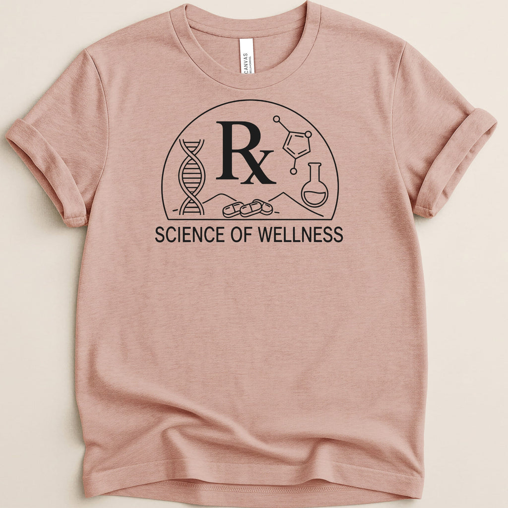 T-shirt with "Rx Science of Wellness" text and DNA and molecule graphics.